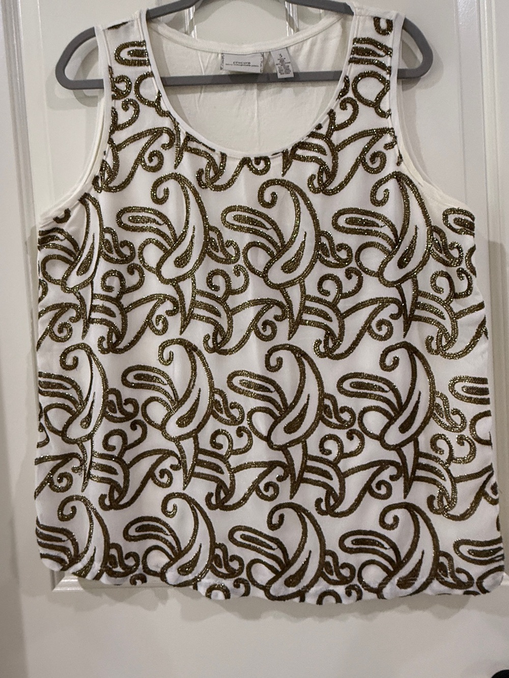 Chico's White Tank with Gold/Bronze Sequin Swirl Detail
